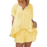 KCVVA Womens Gingham Pajama Set 2 Piece Cotton Short Sleeve Plaid Ruffle Pjs Outfits Lounge Babydoll Shirt Sleepwear