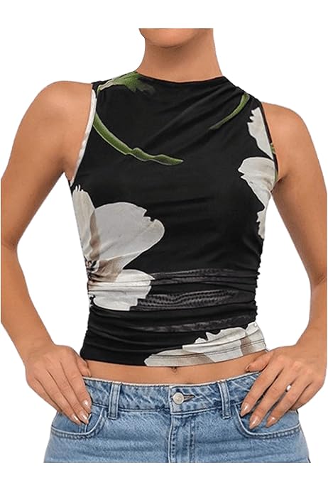 WDIAA Playea Sin Mangas Con Cuello Edondo Y Estampado