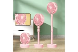 ZZKHGO Portable Pedestal Fan - Foldaway Standing Fan Foldable, Wireless Quiet Oscillating Fan with 1200Mah Rechargeable Battery, Control Telescopic 3Speed Quiet Fan for Home Bedroom Outdoor Travel (Pink)