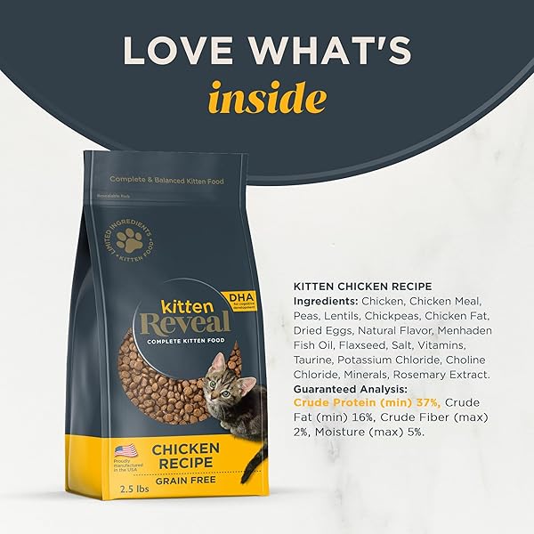 REVEAL NATURAL DRY KITTEN FOOD, HIGH PROTEIN, GRAIN FREE WITH ADDED VITAMINS & MINERALS AND DHA, COMPLETE & BALANCED NUTRITION FOR KITTENS, CHICKEN RECIPE (2.5 POUND BAG)