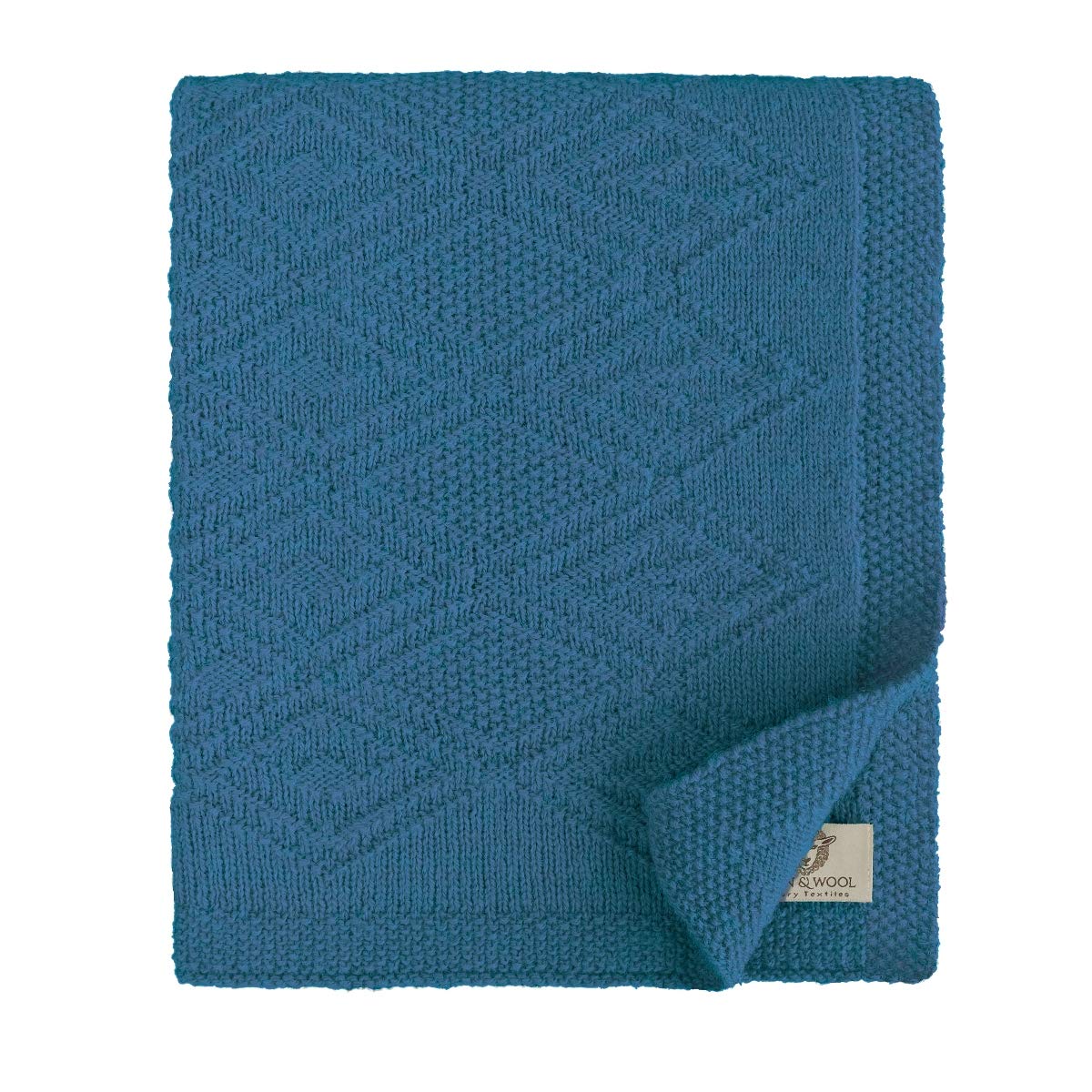 Linen & Cotton Soft Knitted Baby Throw Blanket Lilou For Boys Girls - 100% Pure New Zealand Wool, Blue (85 x 100cm) Swaddle Blanket Wrap For Travel, Cot Bed, Pram, Stroller, Moses Basket, Crib
