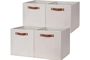 HNZIGE Fabric Storage Cubes Set of 4,12 x 12 Storage Baskets,Cloth Storage Bins for Organizing with Handles,Closet Baskets for Organizing Home Nursery(Gream)