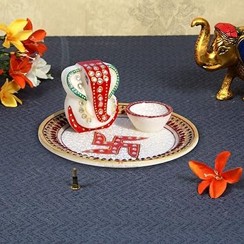 HANDICRAFTS PARADISE Marble PUJA/Pooja THALI with Ganesha HPMR15085