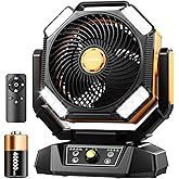 coldSky 𝟰𝟬𝟬𝟬𝟬𝗺𝗔𝗵 Camping Fan, Battery Operated with 4 LED Light, 8 Speeds DeskFan with Remote, Portable Rechargeable Outdoor Fan with Hook for Tent, Power Outages Yellow