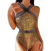Womens Rave Wear One Piece Bodysuit Snakeskin Print Sexy Leg Rings Swimsuit for Festival Dance Rave Clothing