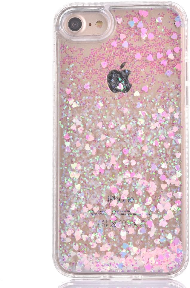 iPhone 7 Case, iPhone 7 Glitter Case, Surpriseyou Creative Design Flowing Liquid Quicksand Floating Luxury Bling Glitter Sparkle Love Heart Diamonds Clear Hard Case for iPhone 7 (Pink Love)