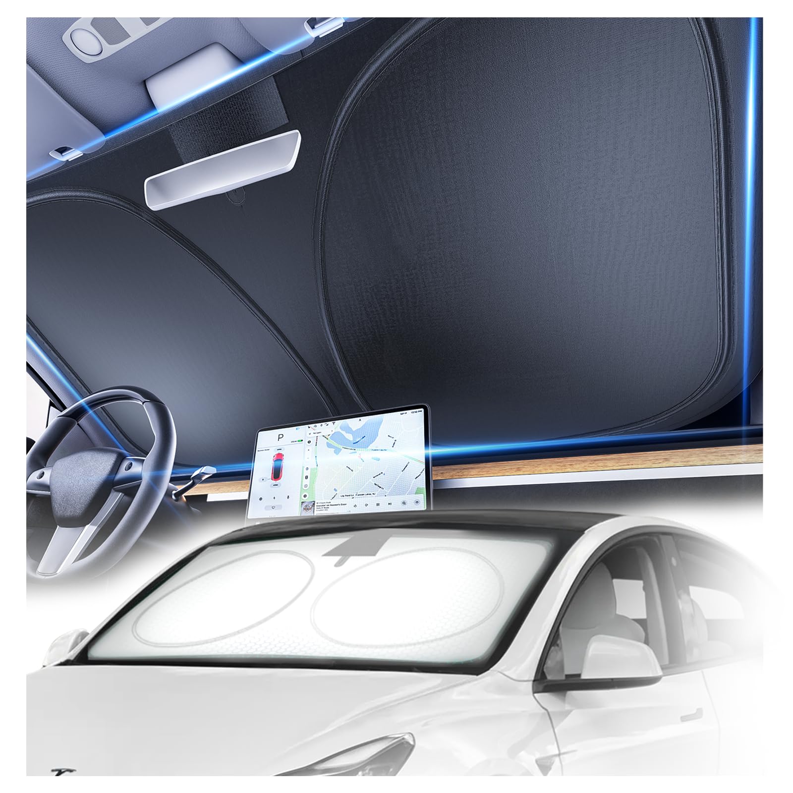 Photo 1 of [2025 Upgrade] Doogoocoo Windshield Sun Shade, [100% Sun Block & Ice-Crystal Cooling] Protect Interior & Keep Car Cooler, Portable Foldable Car Sunshade Front Windshield for Tesla Model 3/Y