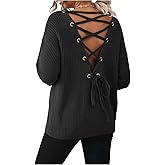 MakeMeChic Women's Lace Up Backless Sweater Long Sleeve V Neck Y2K Knitted Pullover Tops