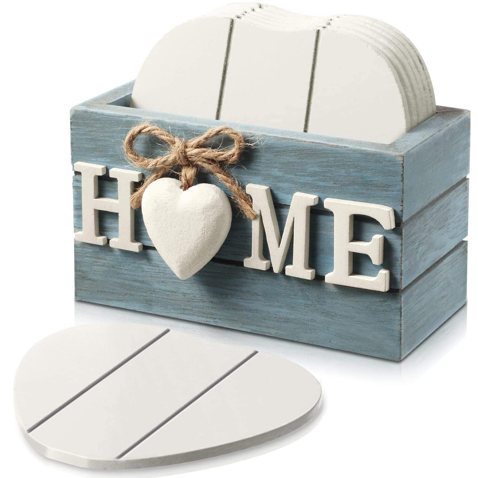Wooden Heart Coasters Set of 6 With Holder - Farmhouse Style for Drinks, Coffee Table Protection - Funny Housewarming Gifts for New Home Decoration, 4 Inch (Home Blue Style)