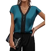 Fayenne Business Casual Tops V Neck Color Block Dressy Casual Blouses Cap Sleeve Satin Silk Work Shirts Summer Clothes Trendy Peacock Blue