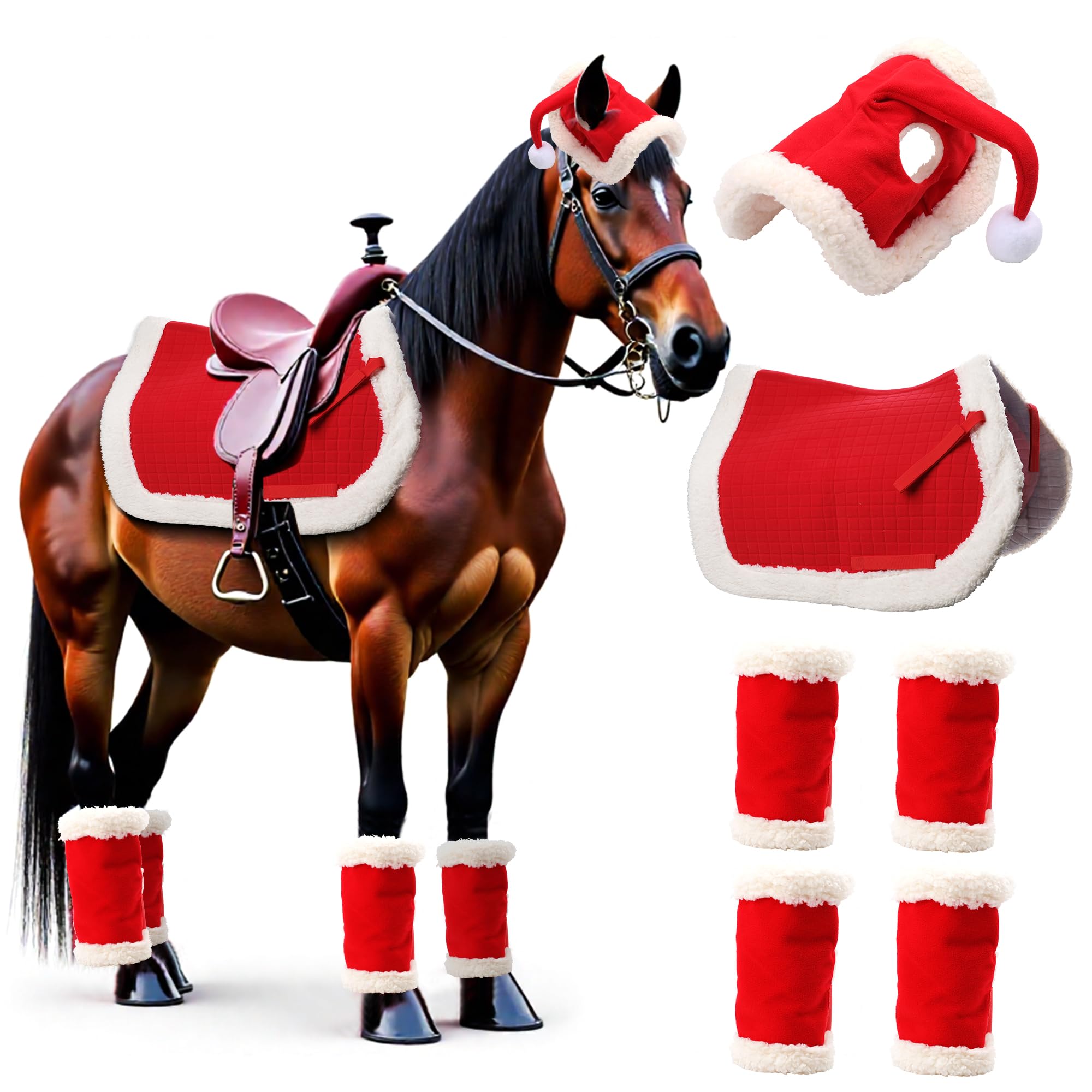Photo 1 of LITGURU 6 Pcs Christmas Saddle Pad Decorations: Santa Leg Wraps with Faux Fur, Jolly Santa Hat for Horses, and All-Purpose Western Saddle Pad Perfect Costume Accessories for Holiday Parties