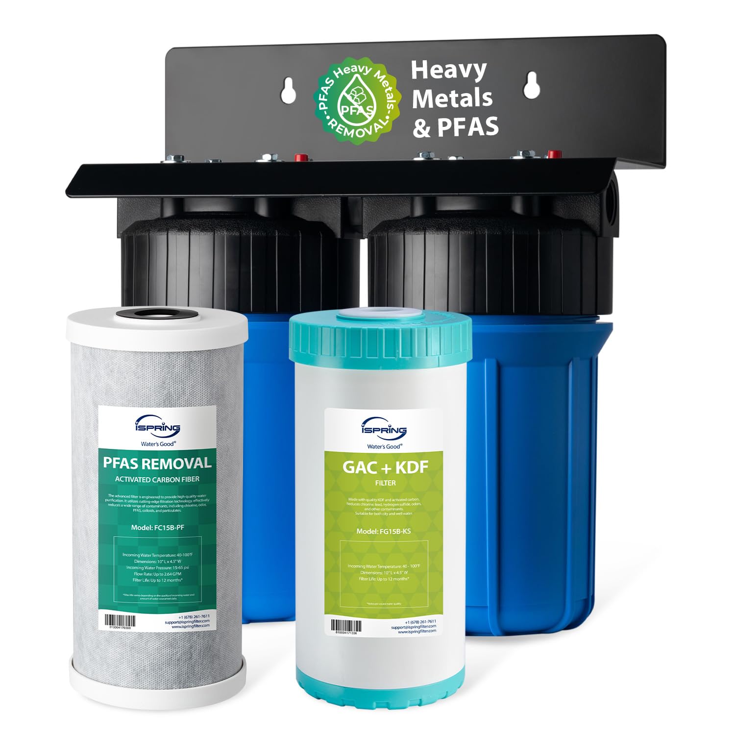 iSpring PFAS & Heavy Metals Whole House Water Filter System, SGS-Tested to Reduce 99% PFAS, 2-Stage Filtration Removes Lead, Heavy Metals, Chlorine, Sediment & Odor, 1” Inlet/Outlet Model: WGB21B-PFKS Image