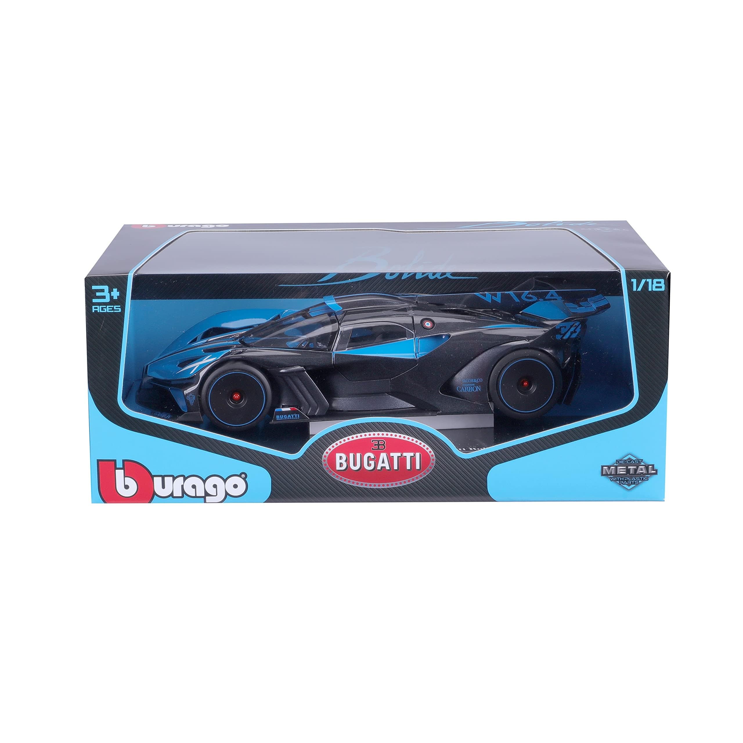 Bburago - Bugatti Bolide Blue, 1:18 Scale Diecast Car, Detailed Replica with Opening Doors, Officially Licensed by Bugatti, Not Suitable for Children Under 36 Months