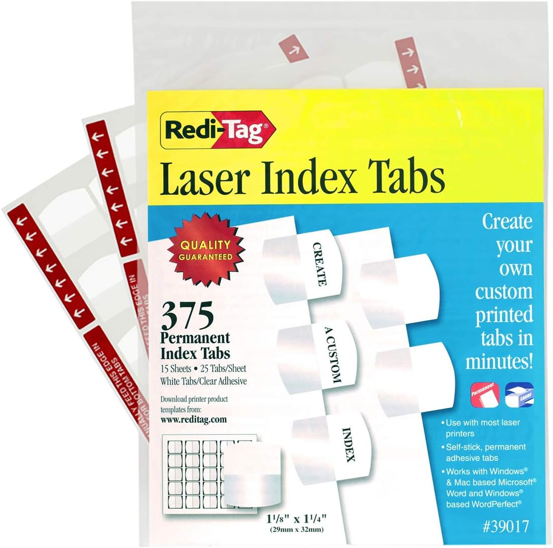 Redi-Tag Laser Print Customizable Index Tabs, Permanent Adhesive, 1-1/8 x 1-1/4 Inches, Bulk Packed, 375 Tabs per Pack, White (39017) : Office Products