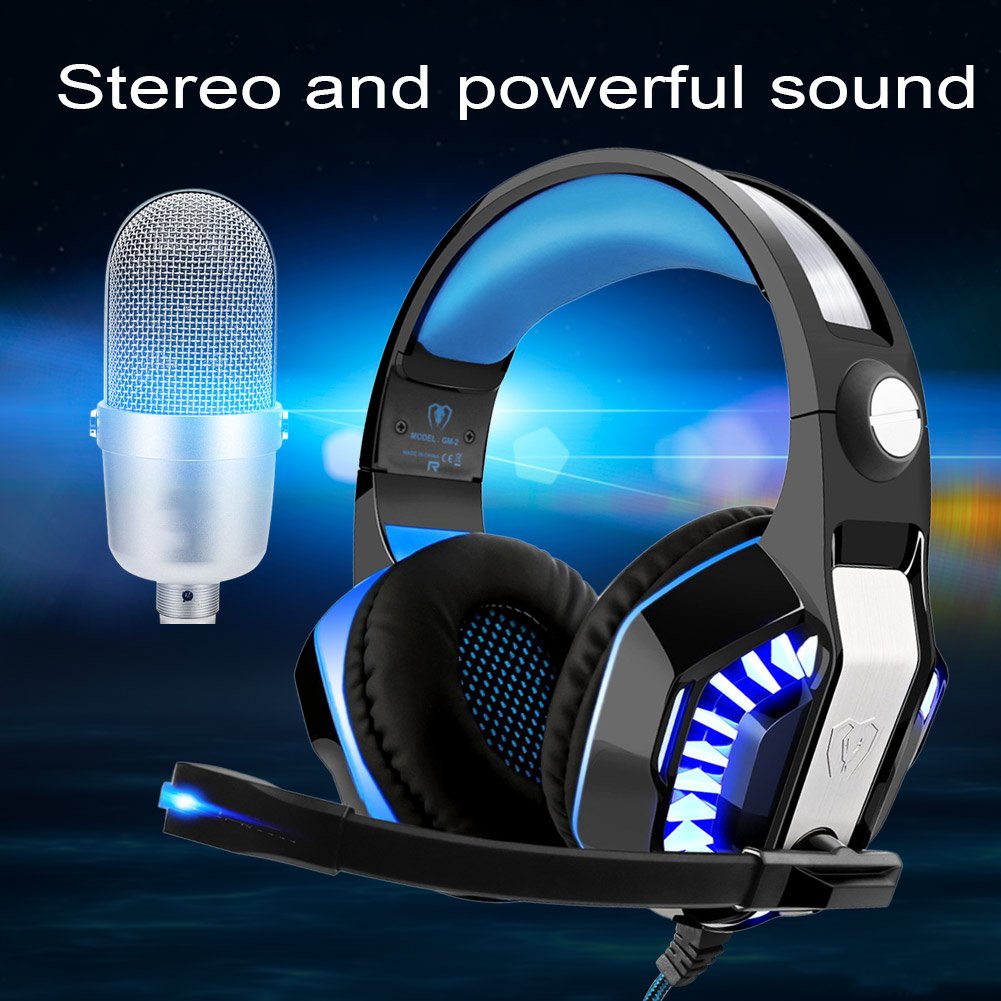 ARINO GM-2 Gaming Headset Over-Ear Kopfhörer mit LED Licht und Mikrofon für PS4 PC Xbox One Handy Spiele, Klangvolle Bässe Schwarz-Blau