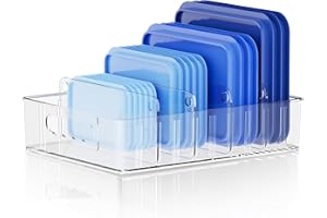 LYNG Lid Organizers Inside Cabinet, Clear Plastic Storage Lid Organizer With 4 Adjustable Dividers, Food Container Lid Organi