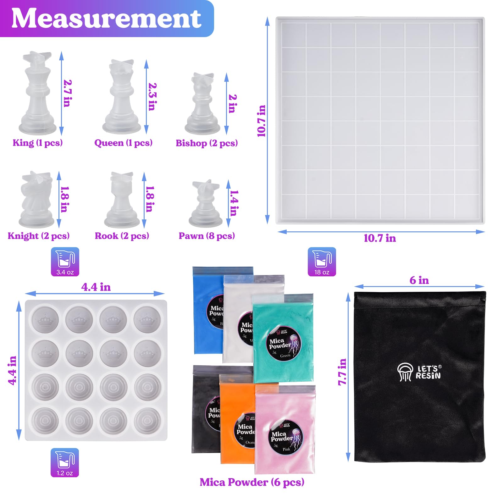 LET'S RESIN Chess Molds for Resin Casting, Upgraded Resin Chess Set Mold with 16 Piece 3D Full Size Chess Checkers & Chess Board Epoxy Silicone Resin Molds, DIY Chess Board Game, Christmas Gifts