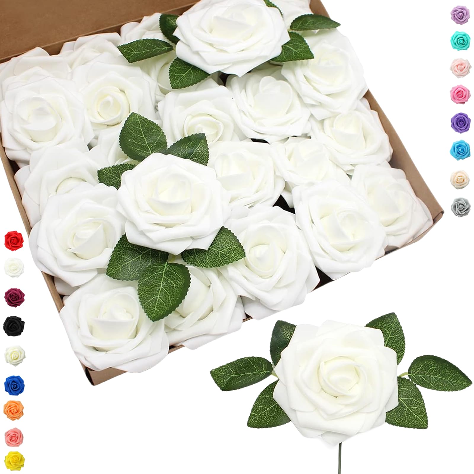 25pcs Faux White Roses Artificial Flowers Roses,Real Touch Foam Roses Fake Flowers Artificial Roses Bulk with Stem for Wedding Decor,Bridal Shower Crafts Home Baby Shower Valentines Day Decorations