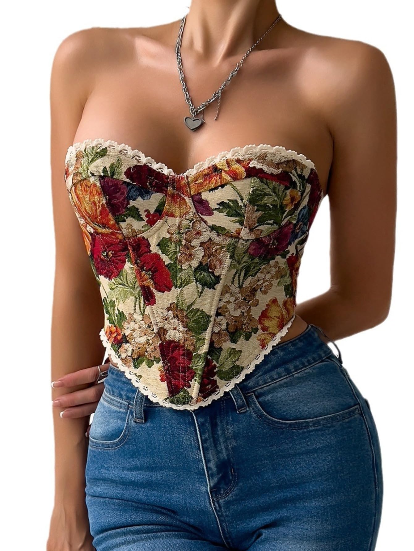 Photo 1 of GIYKBX Women's Vintage Floral Strapless Corset Top Lace Trim Lace-up Sweetheart Bustier Crop Tube Tops?Khaki S
