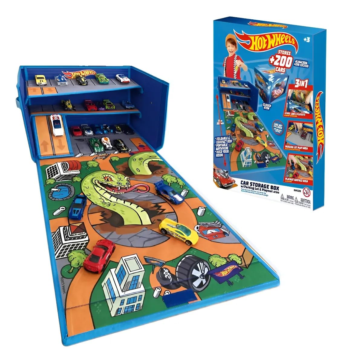 Hot Wheels Cars Case Garage Box Playmat - 3-IN-1 Collapsible Car Toys Storage Box with Speed Roads I Toy Car Storage (Cars Not Included)