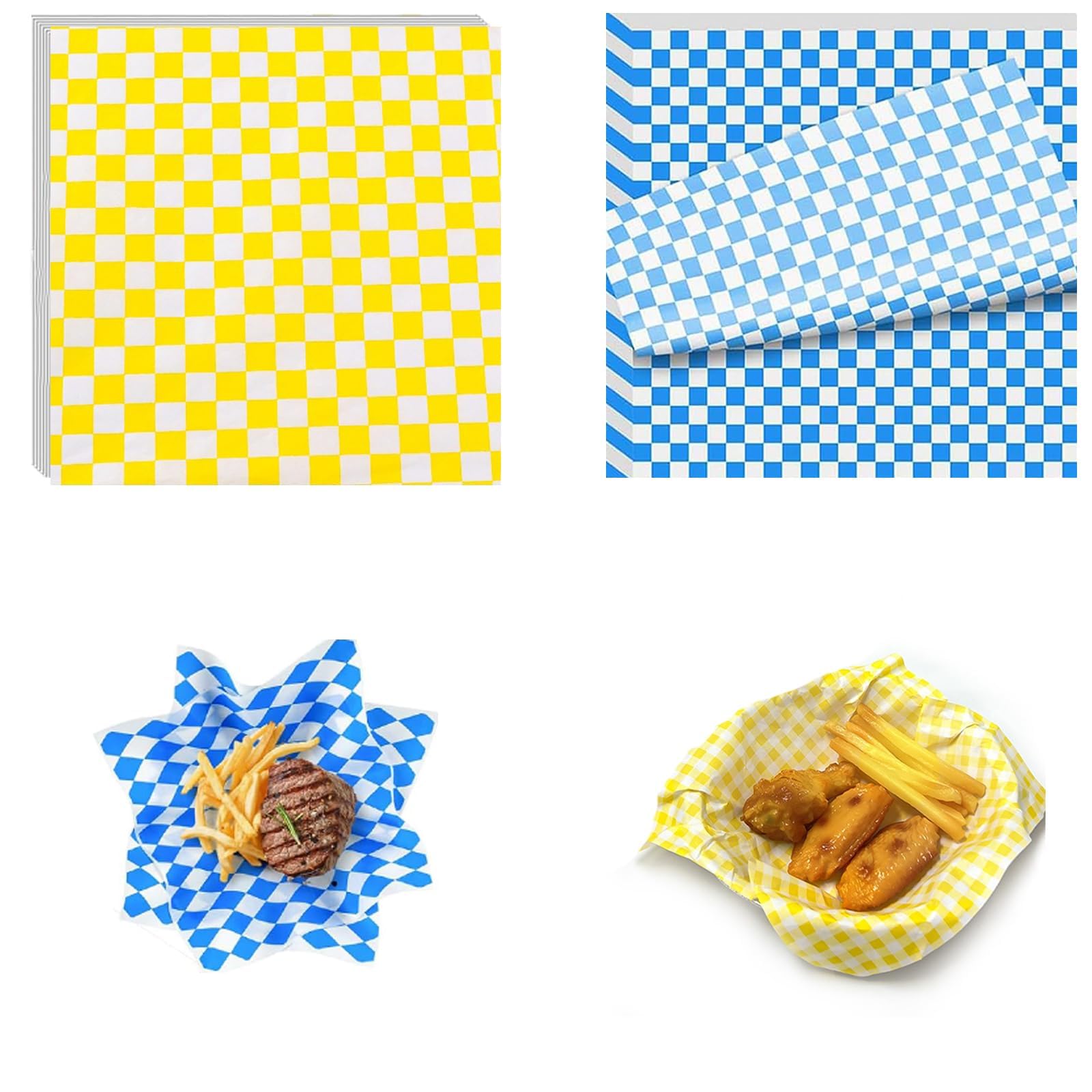 200 Pcs Greaseproof Paper Sheets, 18x18 cm Greaseproof Paper, Burger Sheets, for Wrapping Bread, Hamburger and Sandwiches (Blue and Yellow Grid Colors)