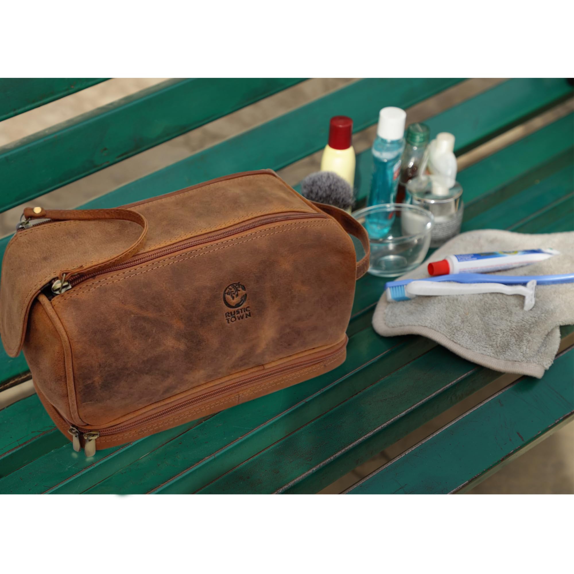 Leather Toiletry Bag for Men - Travel Shaving Dopp Kit - Bathroom Shower Toiletries Organizer - Cosmetic Make up Bag for Women