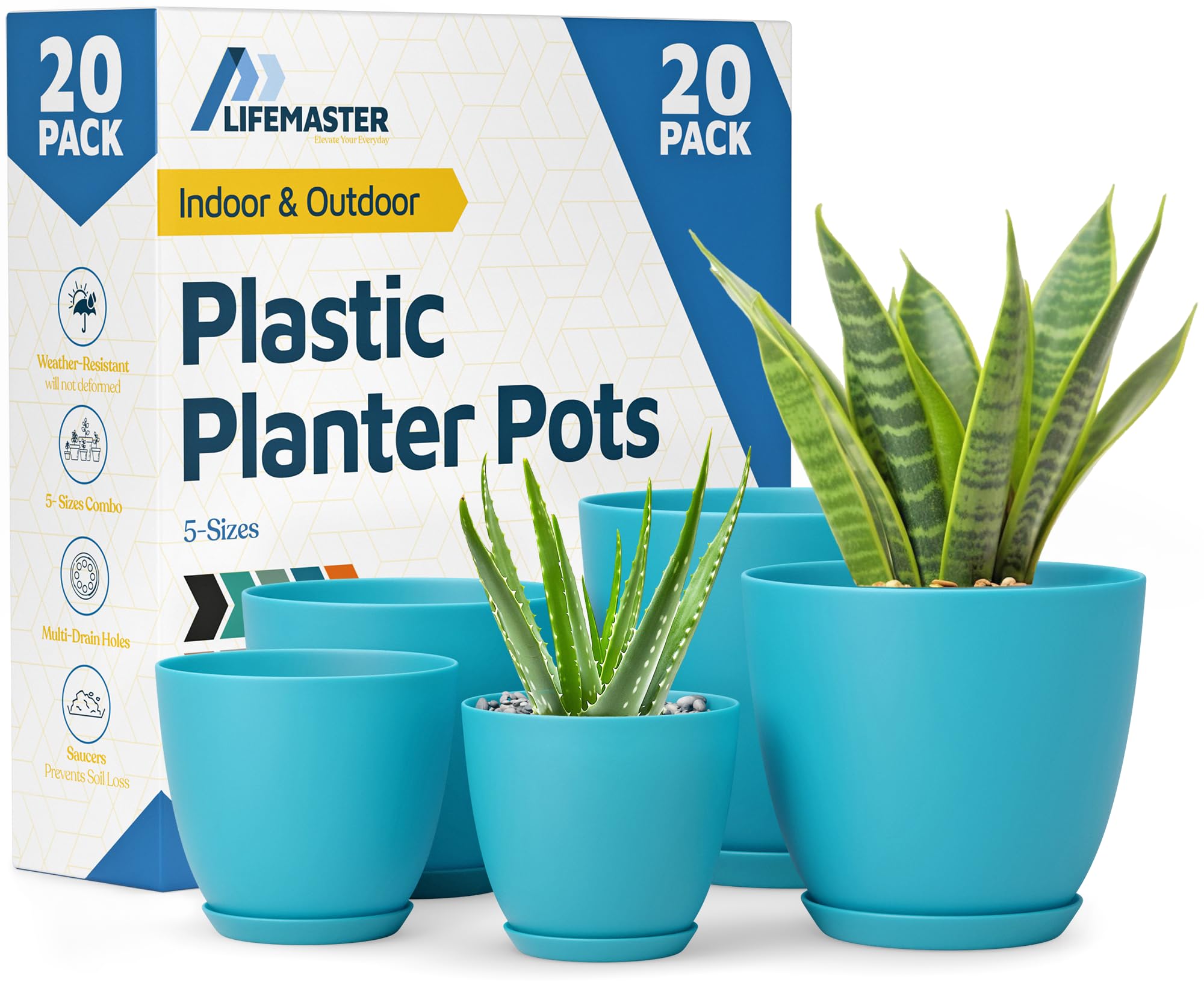 Blue Plant Pots with Drainage Holes & Saucers 20 Pack, Indoor & Outdoor Stackable Space-Saving Planters for Houseplants & Flowers, (7", 6.7", 6", 5.3", and 4.8" Inches), Durable & Weatherproof Image