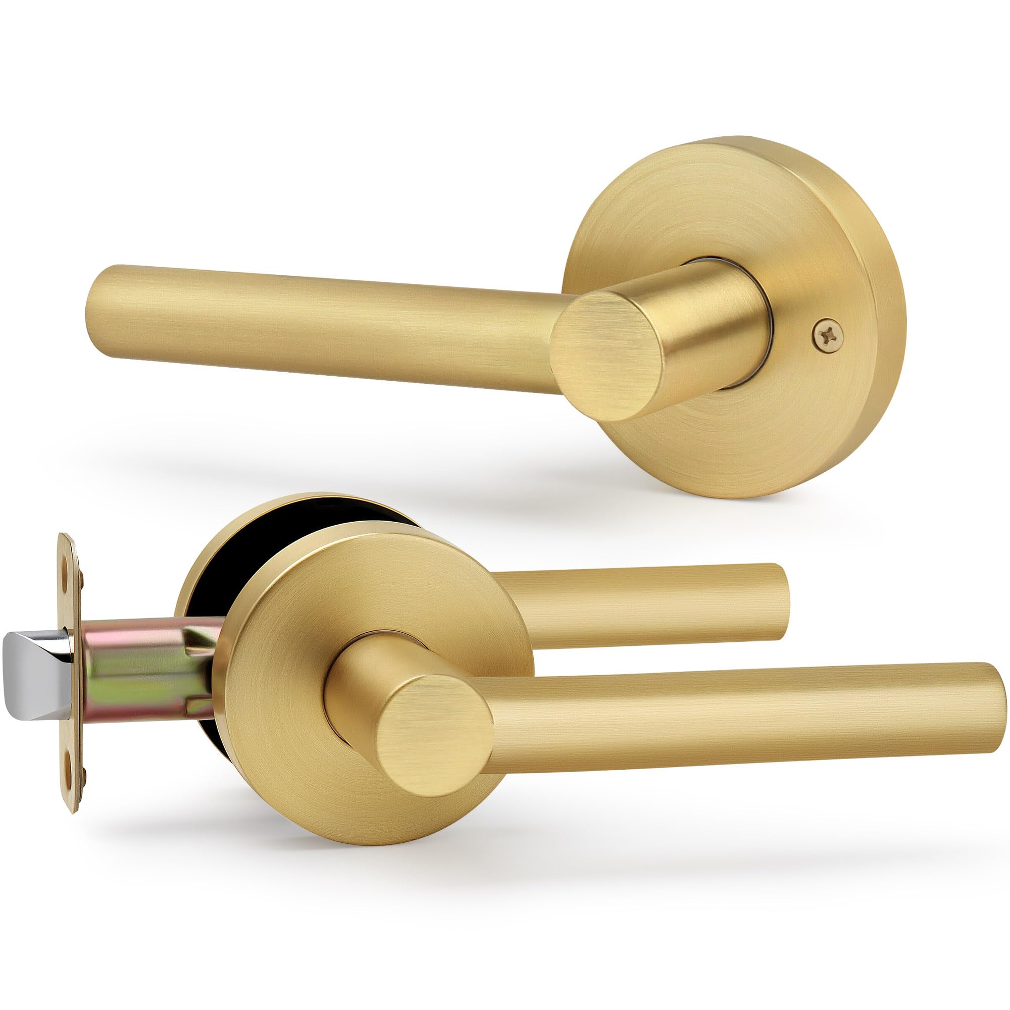 Photo 1 of LOQRON Brushed Gold No Lock Passage Door Handle, Round Design Non-Locking Heavy Duty Gold Interior Door Lever with Satin Brass Finish, Reversible for Left/Right Handed for Hallway and Closet Door