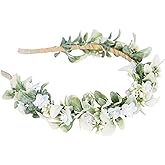 KorViSHOW Green Leaf Flower Crowns - Bohemian White Floral Headpiece Bridal Flower Headband Greenery Eucalyptus Hair Accessories with Ribbon for Girls Women Wedding Birthday Vacation Party Photo Prop