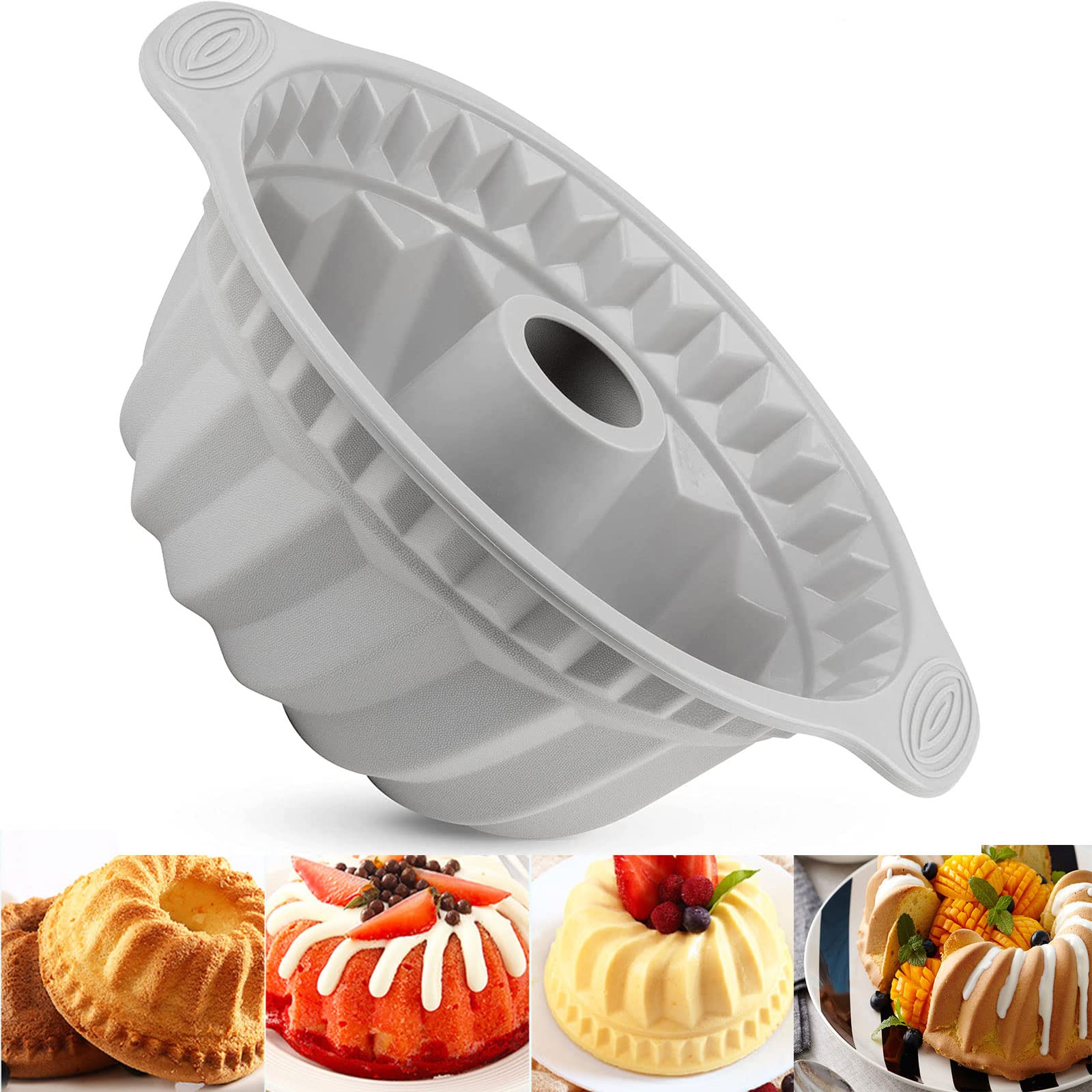 LANYOTA Cake Mould Silicone Baking Pan, 24cm 9.5'' Fluted Tube Cake Pan Ring Cake Tin for Baking, Round Baking Tin with Handle Grips, Non-Stick Coating for Chiffon Cake Cheesecake Gugelhupf (Grey)