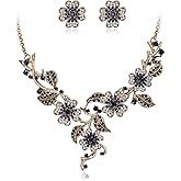 EVER FAITH Rhinestone Crystal Vintage Cluster Leaf Flower Statement Necklaces Stud Earrings Fashion Costume Party Prom Clover Jewelry Set for Women