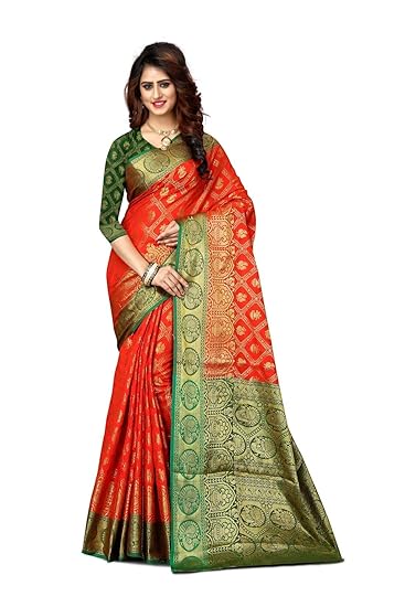 ShopperShopee Womens Kanjivarm Banarasi Silk Saree (Orange)