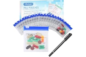 Serfeymi 32 Pcs Zippered Pill Pouches Organizer Plastic Bags 3 X 3 Inches 12 mil Self Sealing with Slide Lock Writable Label Translucent Travel Medicine Storage Bag Case and 1 Pc Marker-Blue
