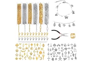 Meiguihai Gold Silver Chain for Jewelry Making,39 Inch 6 Rolls Stainless Steel Chains Bulk with 321Pcs Charms Open Jump Ring 