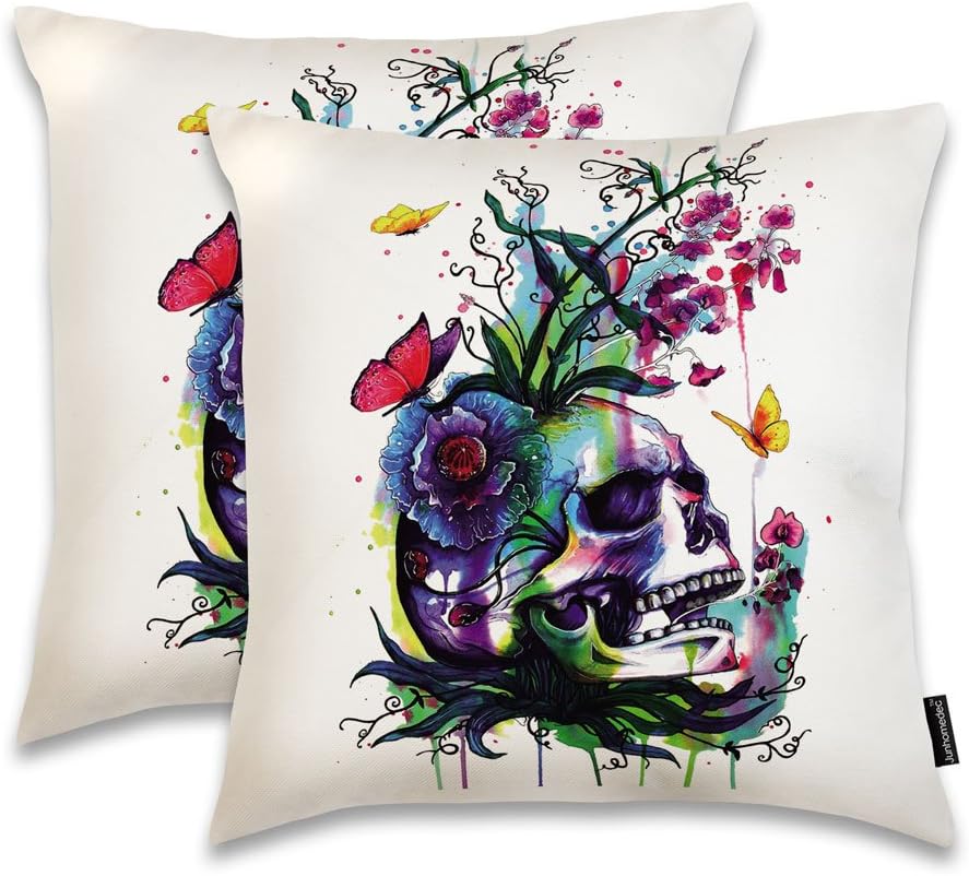 JUNHOMEDEC Decorative Throw Pillow Cover Skull Printing Cushion Sham Art Pattern Print Throw Pillowcase for Car Seat Sofa Chair Home Room Decor Square 18" X 18", Set of 2 (YIJIE20180202-084)