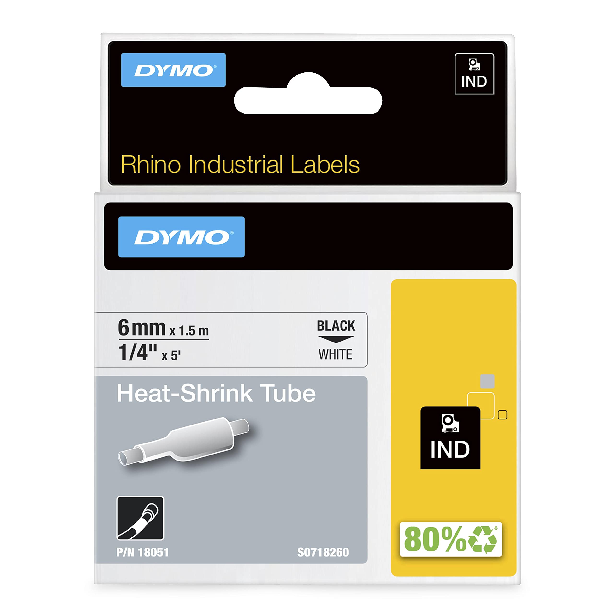 DYMO Rhino Industrial Heat-Shrink Cable Label Tubes | 6mm x 1.5m | Black Print on White | for Rhino Label Makers