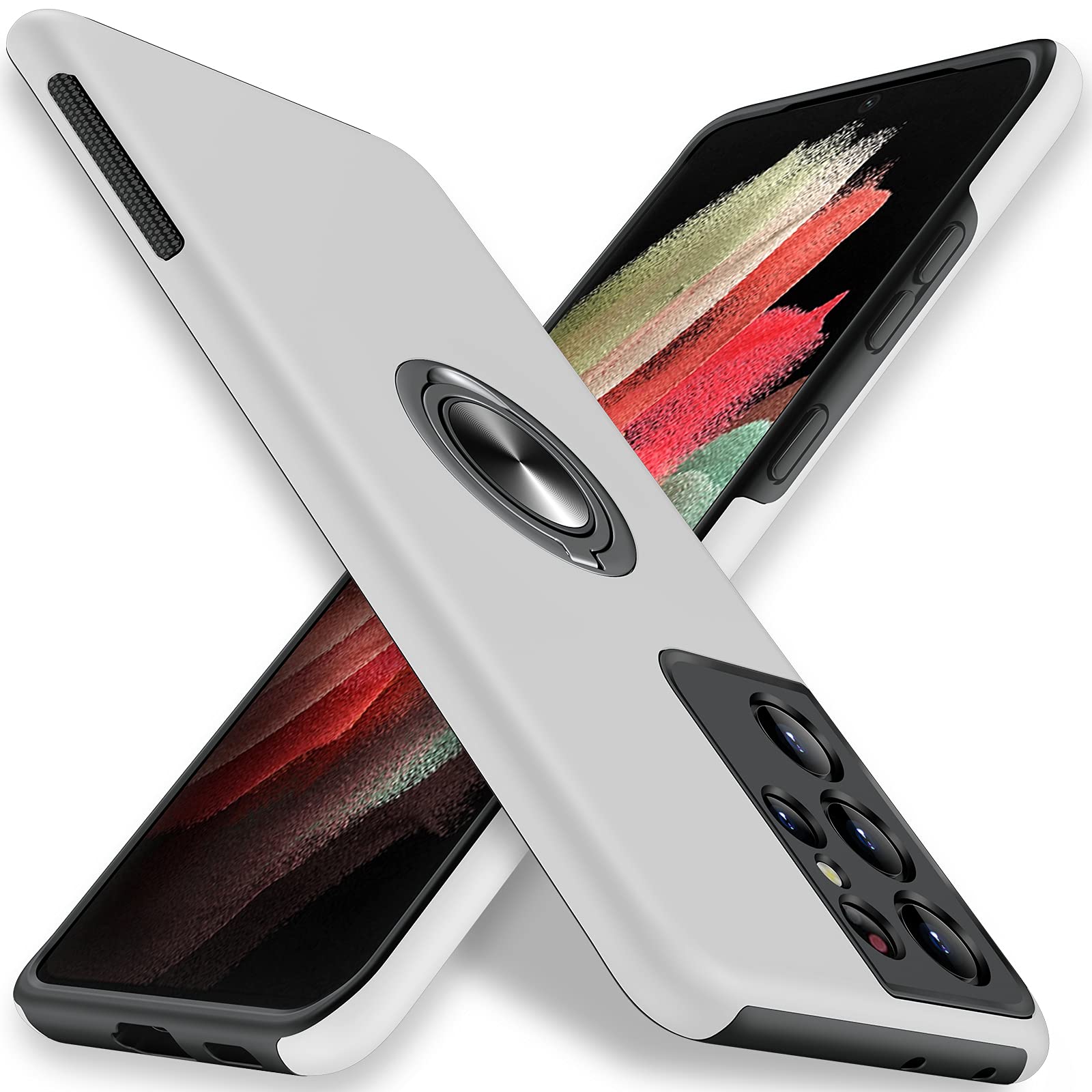 Photo 1 of JAME for Samsung Galaxy S21 Ultra Case, Slim Soft Bumper Protective Cover for Samsung S21 Ultra Case, with Invisible Ring Holder Kickstand Cover for Galaxy S21 Ultra, Silver