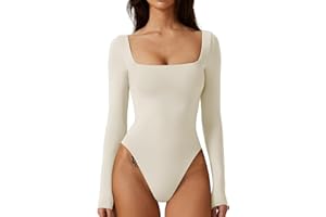QINSEN Bodysuit Tops for Women Square Neck Long Sleeve Double Lined T-shirt