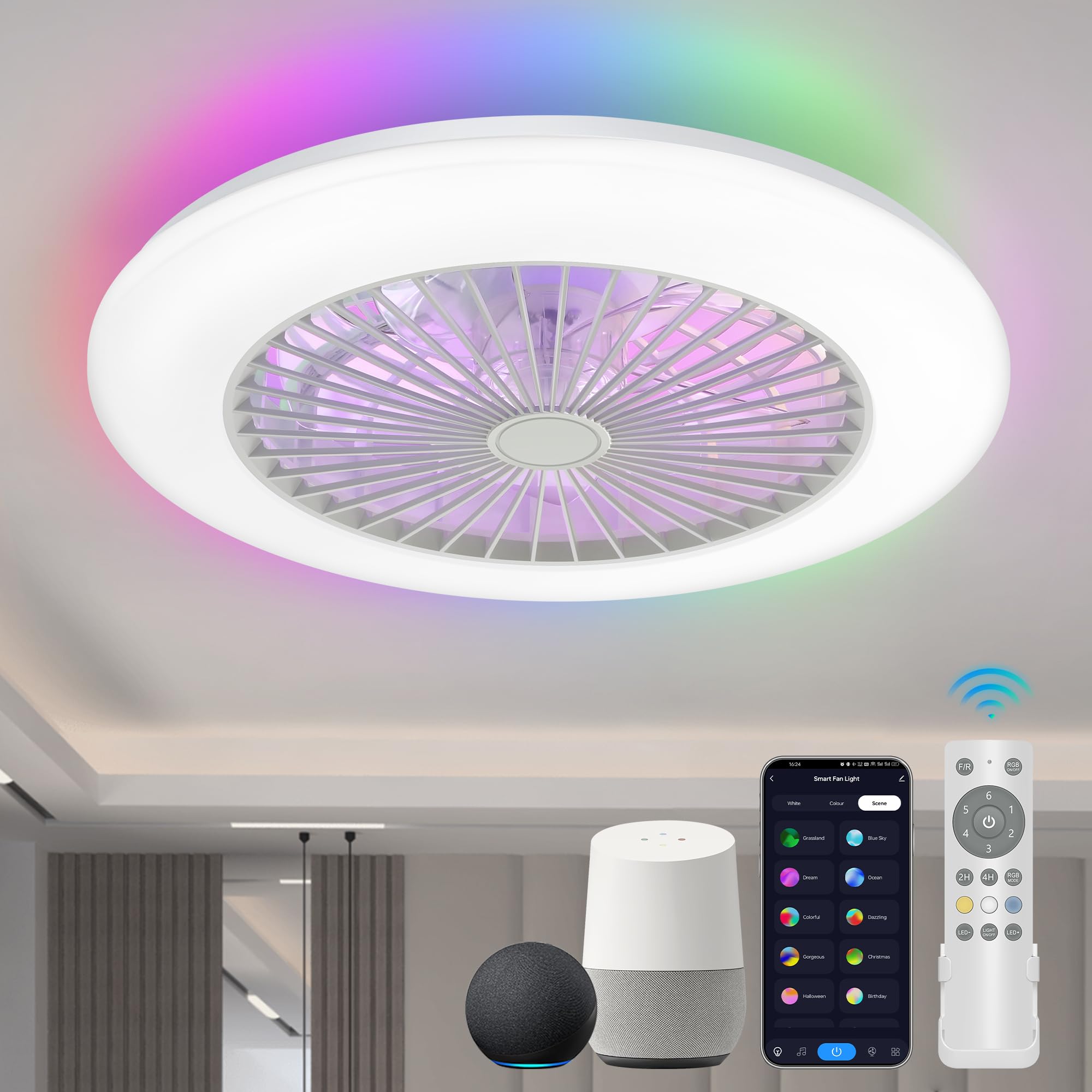 Photo 1 of Breezary Low Profile Ceiling Fan with Light,19 in Smart Bladeless Ceiling Fans with Alexa/Google Assistant/App Control Ambient Light White Flush Mount Ceiling Fans for Bedroom and Living Room