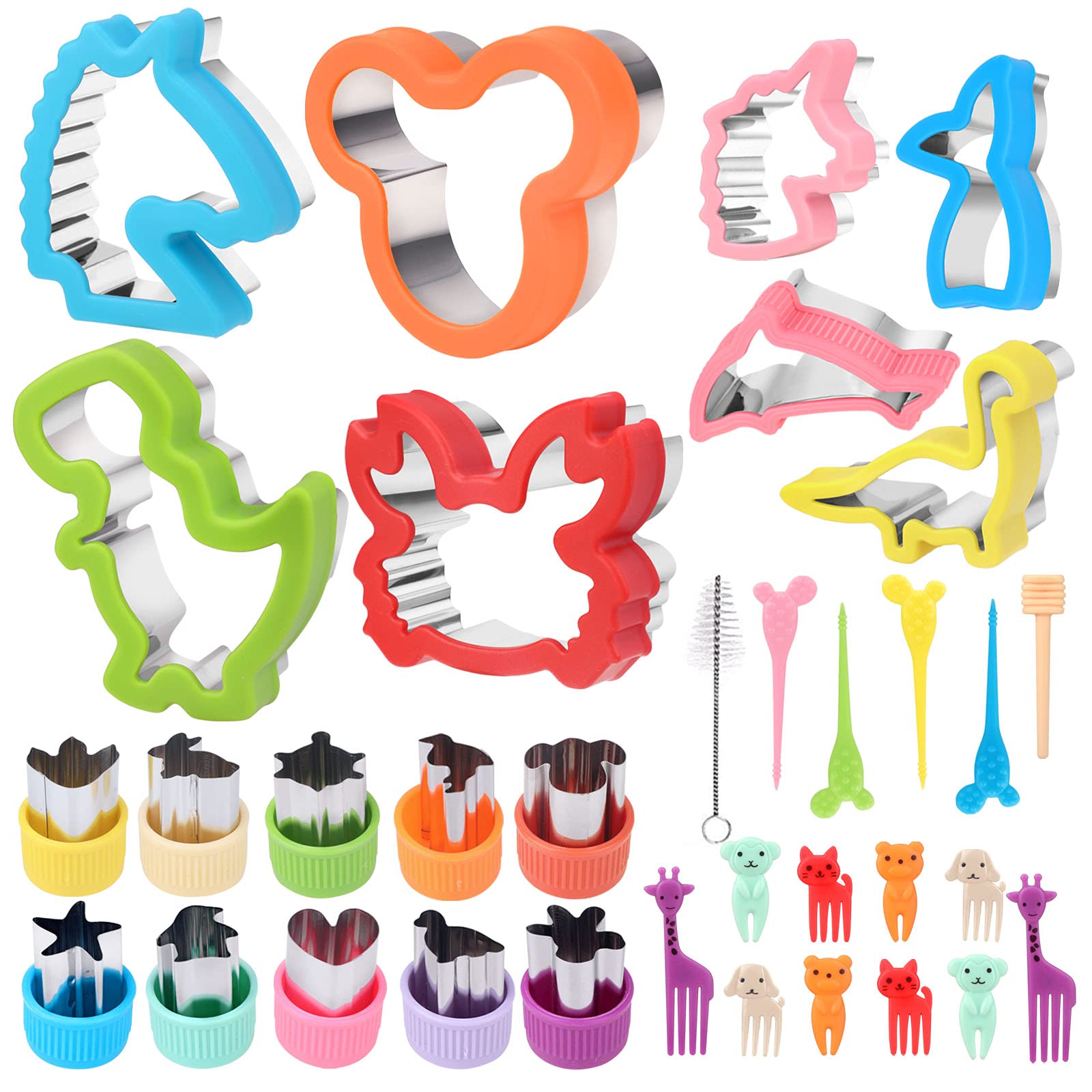 34Pcs Cookie Cutters Stainless Steel Set, Dinosaurs Unicorns Mermaids Sandwich Vegetable Cutters, Animal Shapes DIY Cake Decoration Molds Fruit Chocolate Cutters with Fork for Holiday Party Bake Gift