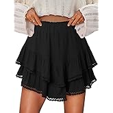 EARKOHA Flowy Ruffle Skirt for Women Fall Boho Short Skorts High Waist Crochet Chiffon Tiered Skirt with Shorts