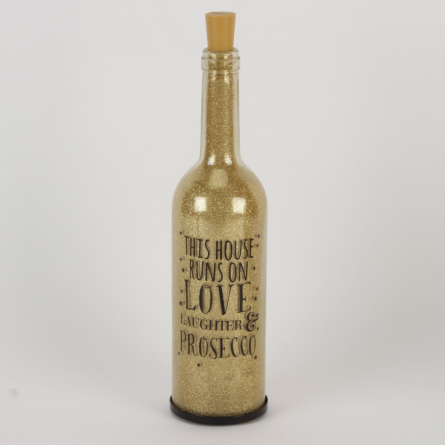 Glitter Gold Light Up Glass Bottle - this House Runs on Love Laughter and Prosecco