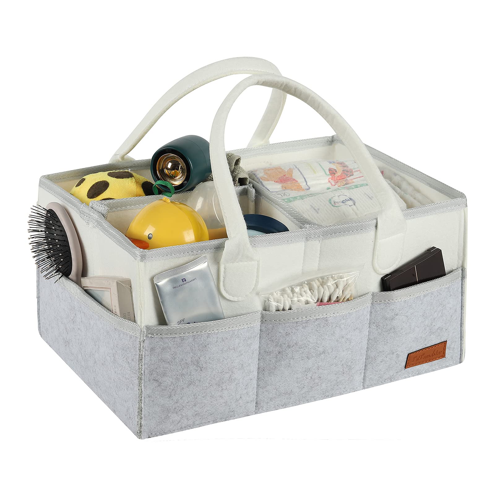 LITLANDSTAR Baby Diaper Caddy Organizer, Opening Multi-Pocket Portable Nursery Storage Basket Felt Nappy Bag with Changeable Compartments, Wipes Bags Nappy Organizer Container(White & Grey)