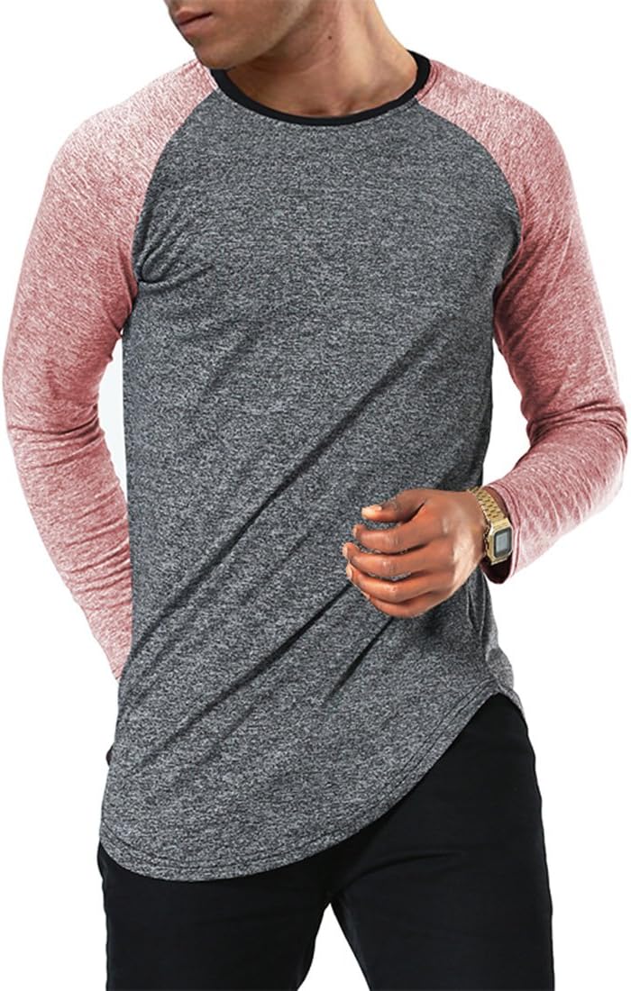 Moomphya Men's Long Sleeve Raglan Jersey Shirt Hipster Hip Hop Basic Swag Curved Hem Baseball T Shirt