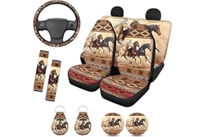 BYCHECAR Aztec Car Seat Covers for Women Girly Western Steering Wheel Cover Horse Car Accessories Seat Belt Cover Coaster Keychains Girly Front Back Bucket Seat Covers Protector Car Decor