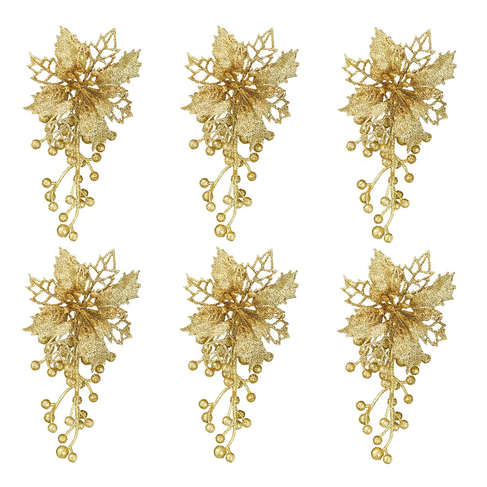 Skystuff Gold Poinsettia Christmas Tree Flowers with Clips, Gold Artificial Poinsettia Flowers, Christmas Tree Glitter Flower Decorations Glitter Flower