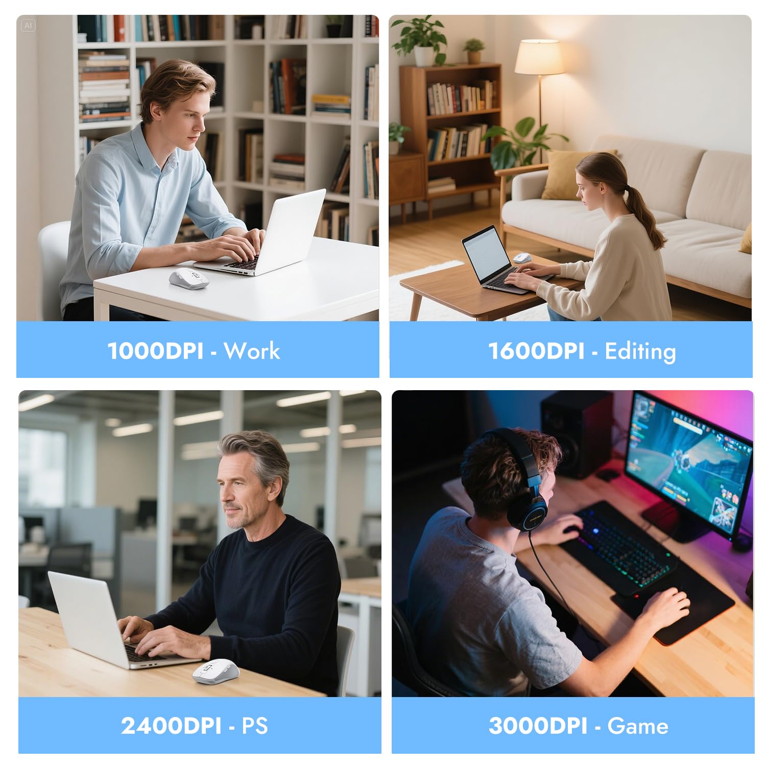 CITLLA Wireless Mouse for Laptop, Multi-Device Bluetooth Mouse, 4 Adjustable DPI Silent Mouse, 4-Way Scrolling Ergonomic Mouse for Windows, Full Size Mice for Laptop PC Computer Tablets(Black)