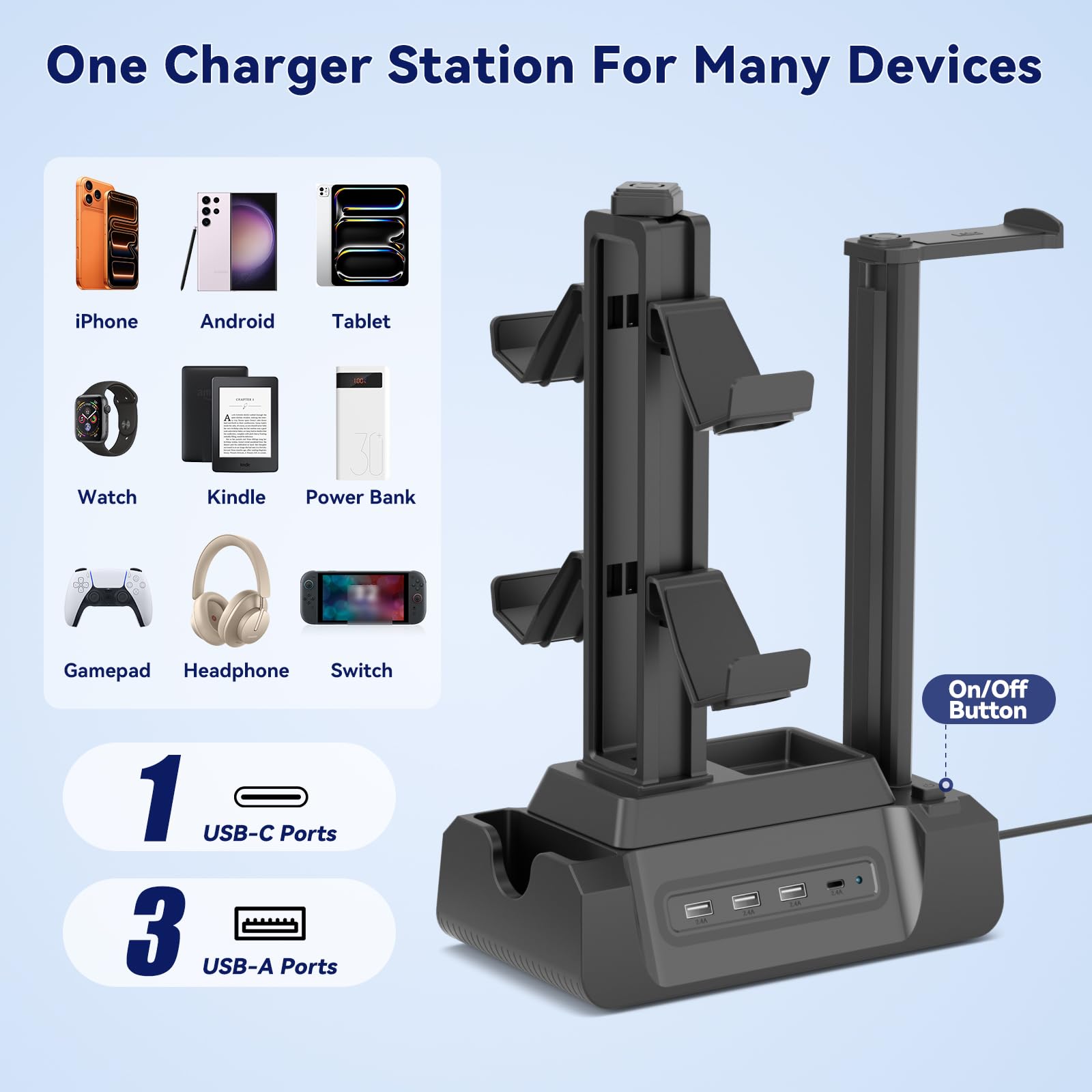 KDD Gaming Kopfhörer Ständer mit USB A Typ-C Ladegeräten, Headset Halterung Controller Halter mit Ladestation, Geräteschlitz für Handy Tablet, Kopfhörer für PC Gaming Zubehör 2