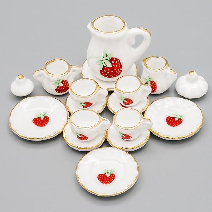 15pcs Stoviglie in porcellana,Accessori per la casa delle bambole,Set di servizi per tè in miniatura, decorazione per la casa delle bambole, cucina in miniatura set di mobili di simulazione modello