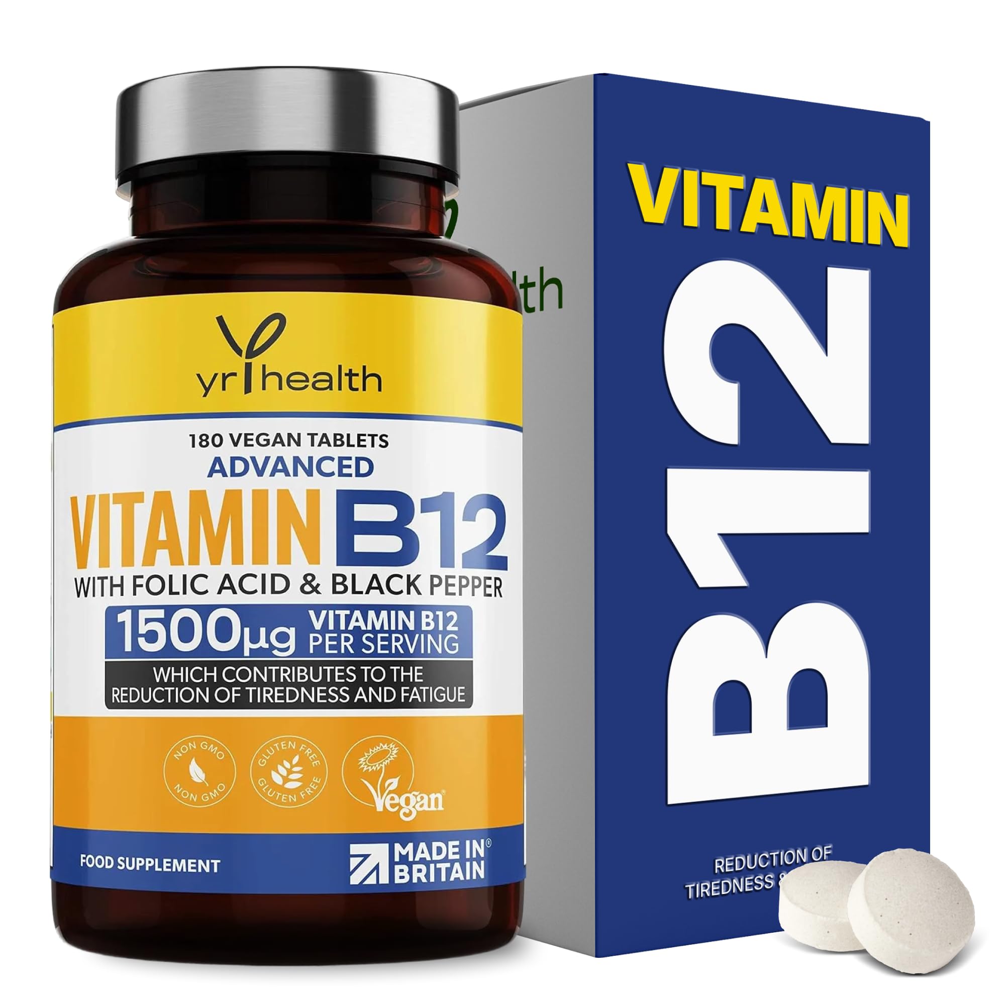Vegan Vitamin B12 Tablets 1500mcg Methylcobalamin High Strength with Added Folic Acid & Black Pepper - 180 Tablets (6 Month Supply) - Reduction of Tiredness & Fatigue - Made in The UK By YrHealth